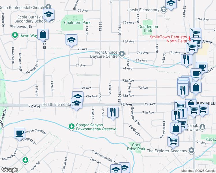 map of restaurants, bars, coffee shops, grocery stores, and more near 7297 115A Street in Delta