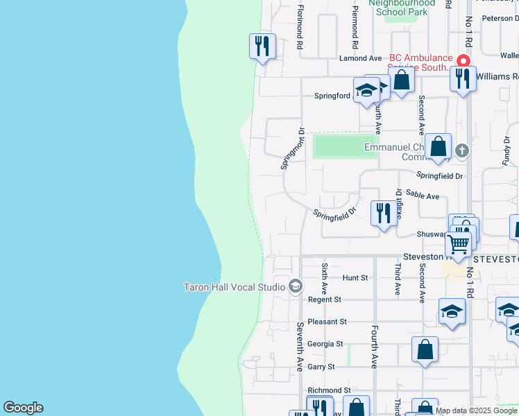 map of restaurants, bars, coffee shops, grocery stores, and more near 10531 Springwood Crescent in Richmond