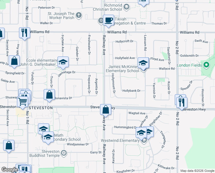 map of restaurants, bars, coffee shops, grocery stores, and more near 10560 Railway Avenue in Richmond