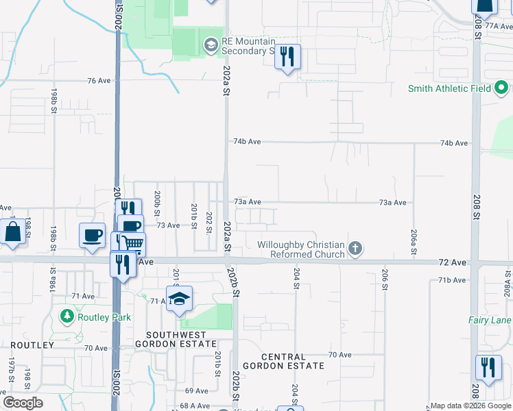 map of restaurants, bars, coffee shops, grocery stores, and more near 20327 72B Avenue in Langley