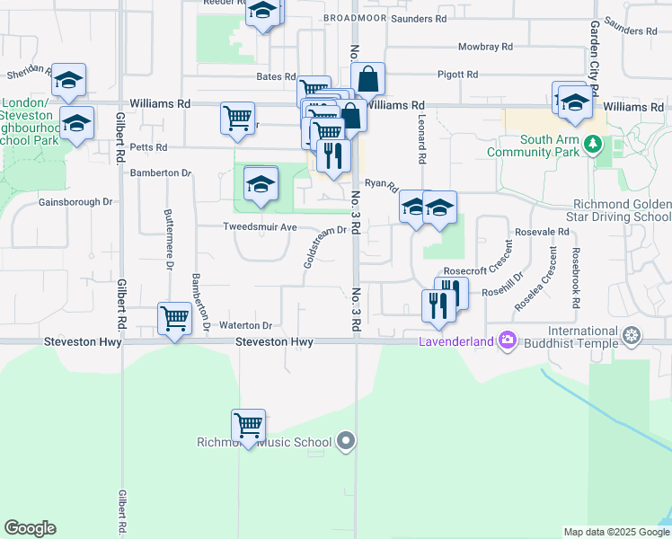 map of restaurants, bars, coffee shops, grocery stores, and more near 7928 Goldstream Place in Richmond