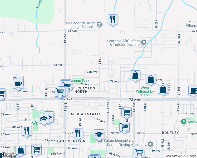 map of restaurants, bars, coffee shops, grocery stores, and more near 7349 194 Street in Surrey