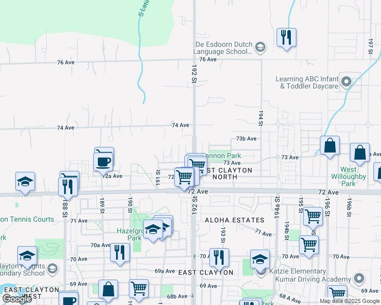 map of restaurants, bars, coffee shops, grocery stores, and more near 7323 192 Street in Surrey