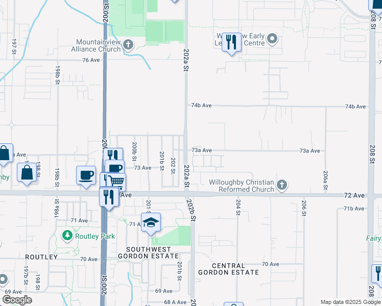 map of restaurants, bars, coffee shops, grocery stores, and more near 20261 72B Avenue in Langley Township