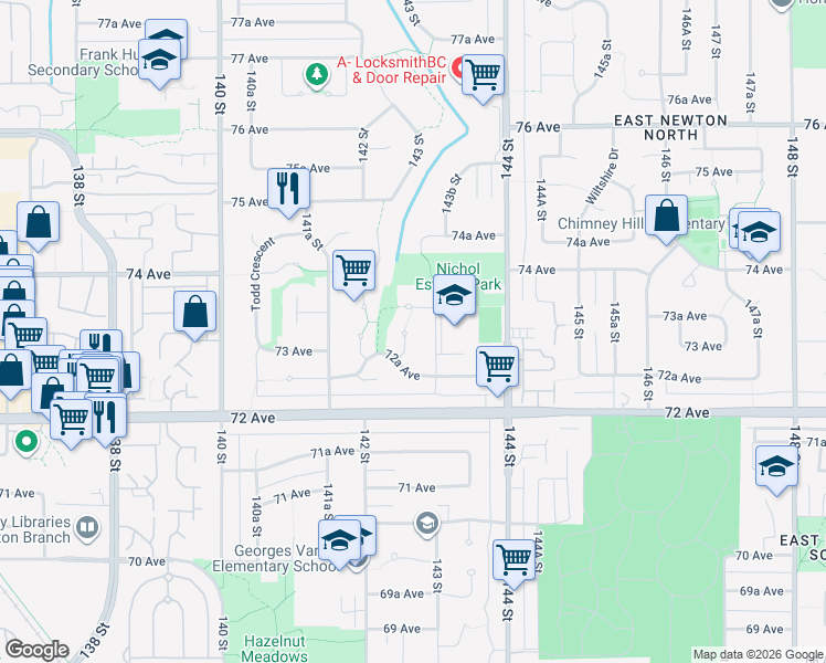 map of restaurants, bars, coffee shops, grocery stores, and more near 7316 142A Street in Surrey