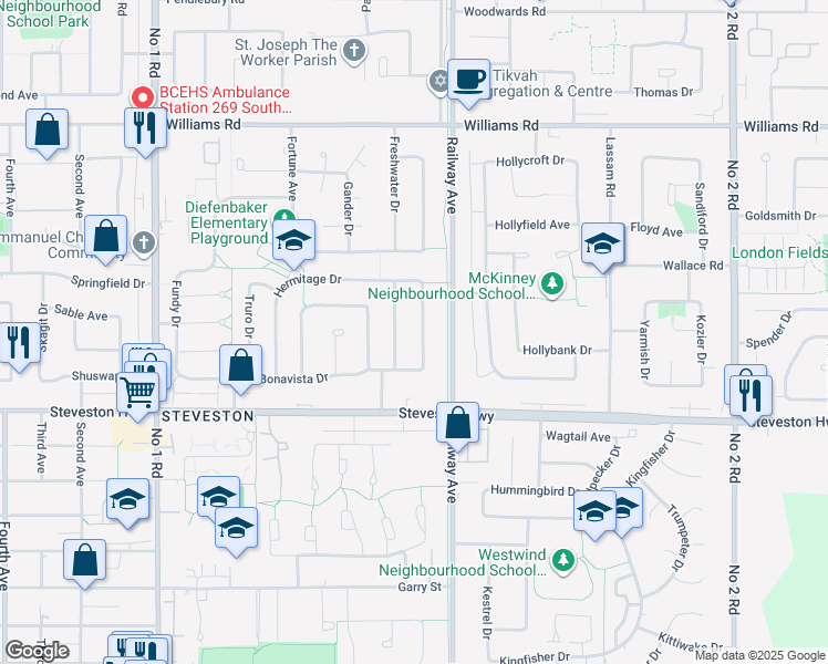 map of restaurants, bars, coffee shops, grocery stores, and more near 10711 Argentia Drive in Richmond