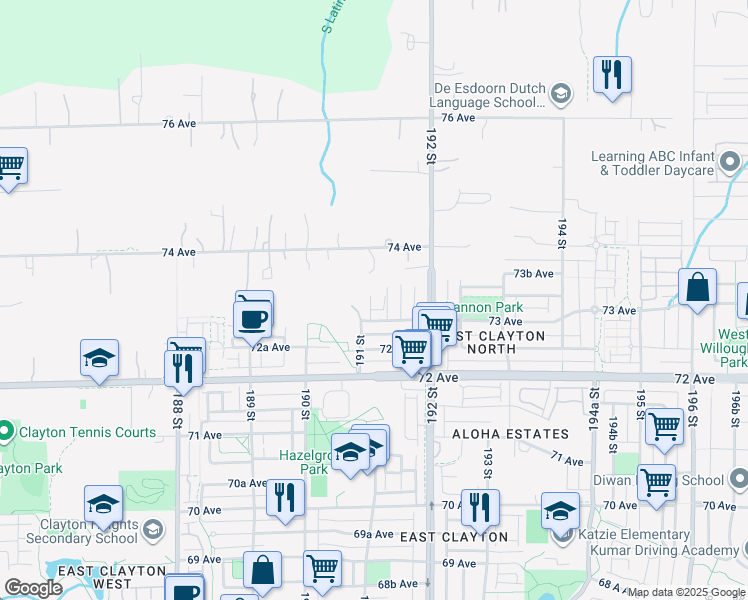 map of restaurants, bars, coffee shops, grocery stores, and more near 19133 73 Avenue in Surrey