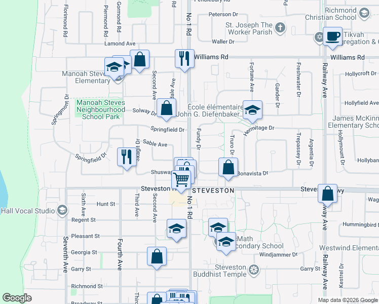 map of restaurants, bars, coffee shops, grocery stores, and more near 10511 No 1 Rd in Richmond