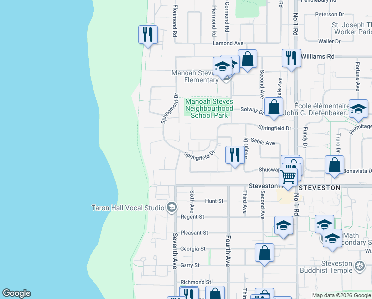 map of restaurants, bars, coffee shops, grocery stores, and more near 3051 Springfield Drive in Richmond