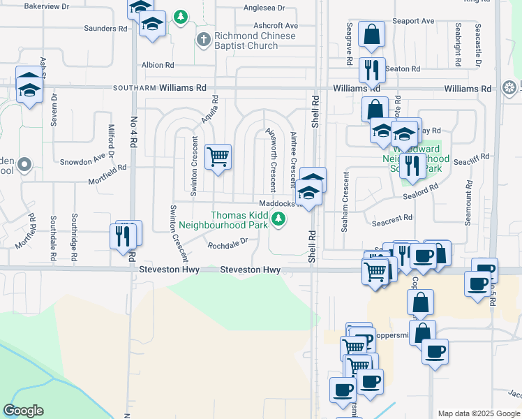 map of restaurants, bars, coffee shops, grocery stores, and more near 10880 Maddocks Road in Richmond