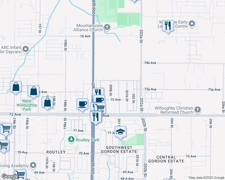 map of restaurants, bars, coffee shops, grocery stores, and more near 7354 200B Street in Langley