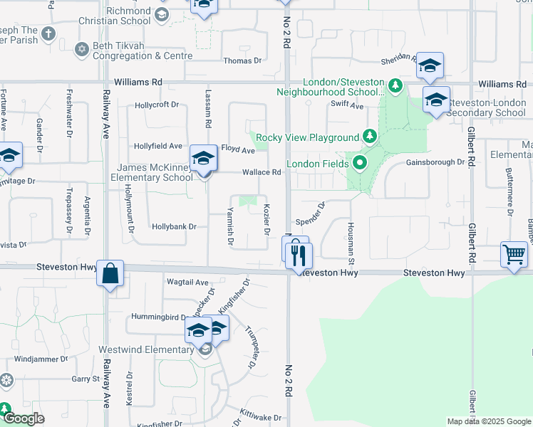 map of restaurants, bars, coffee shops, grocery stores, and more near Kozier Drive in Richmond