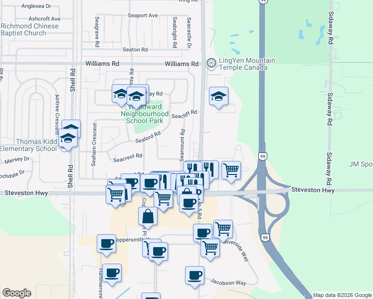 map of restaurants, bars, coffee shops, grocery stores, and more near 10760 Seamount Road in Richmond