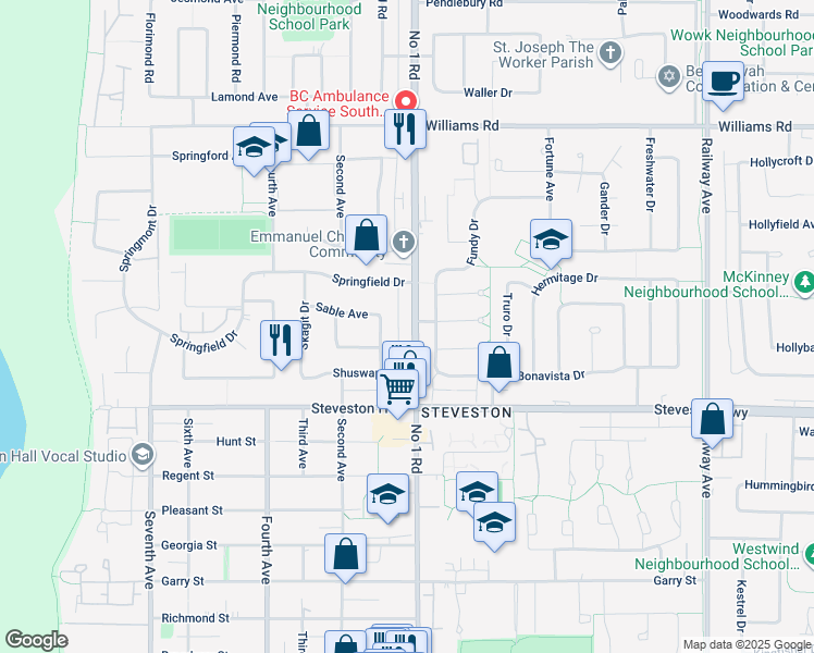 map of restaurants, bars, coffee shops, grocery stores, and more near 10511 Number 1 Road in Richmond