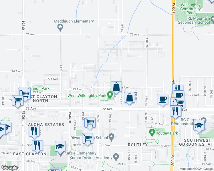 map of restaurants, bars, coffee shops, grocery stores, and more near 19641 73A Avenue in Langley