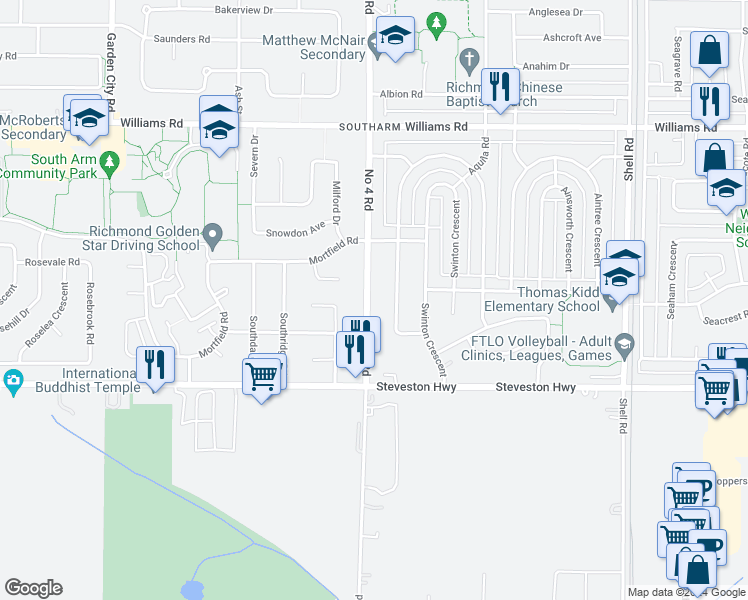 map of restaurants, bars, coffee shops, grocery stores, and more near 10420 Number 4 Road in Richmond
