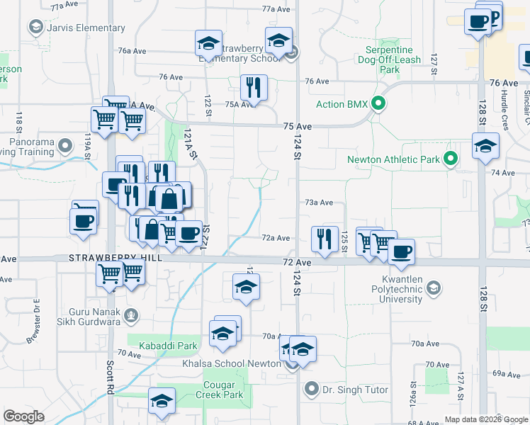 map of restaurants, bars, coffee shops, grocery stores, and more near 7320 123 Street in Surrey