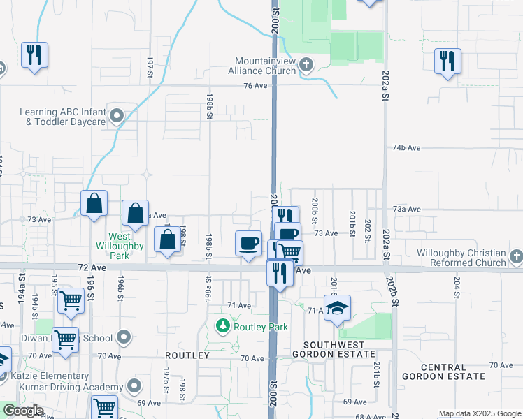 map of restaurants, bars, coffee shops, grocery stores, and more near 200 Street in Langley City