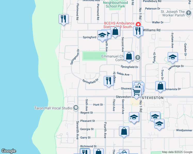 map of restaurants, bars, coffee shops, grocery stores, and more near 3211 Springfield Drive in Richmond