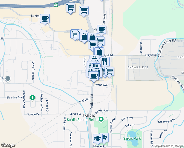 map of restaurants, bars, coffee shops, grocery stores, and more near 7355 Vedder Road in Chilliwack