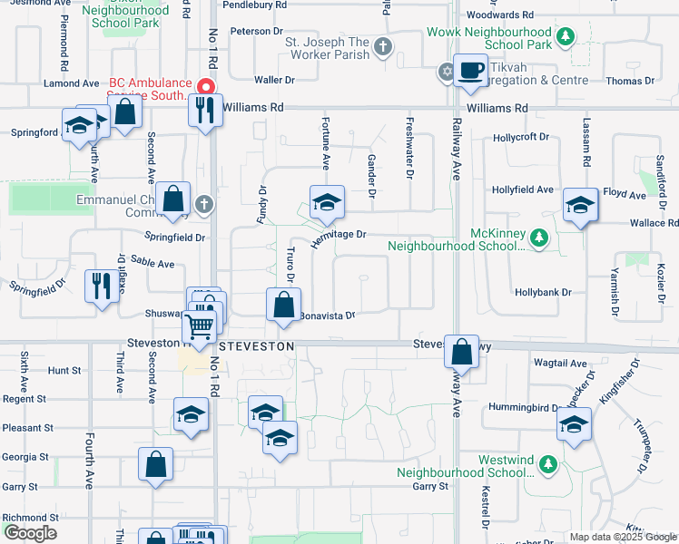 map of restaurants, bars, coffee shops, grocery stores, and more near 10548 Canso Crescent in Richmond