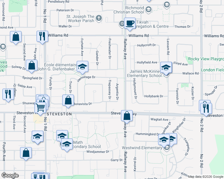 map of restaurants, bars, coffee shops, grocery stores, and more near 10660 Trepassey Drive in Richmond