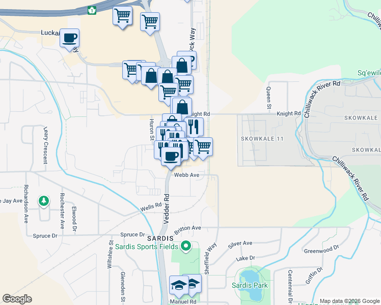 map of restaurants, bars, coffee shops, grocery stores, and more near 45744 Gaetz Street in Chilliwack