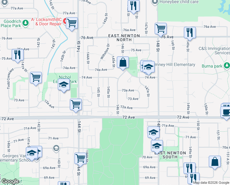 map of restaurants, bars, coffee shops, grocery stores, and more near 7321 146 Street in Surrey
