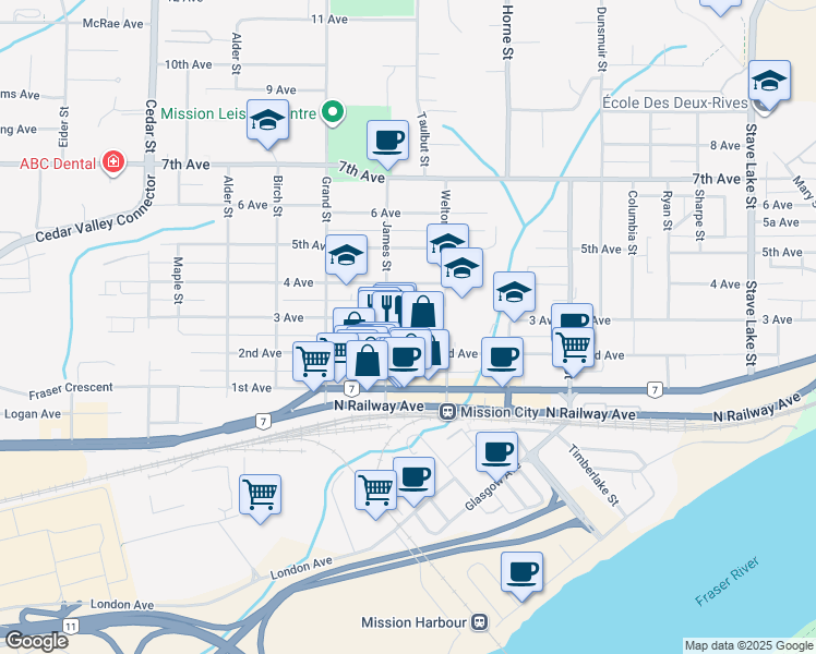 map of restaurants, bars, coffee shops, grocery stores, and more near 33071 2nd Avenue in Mission