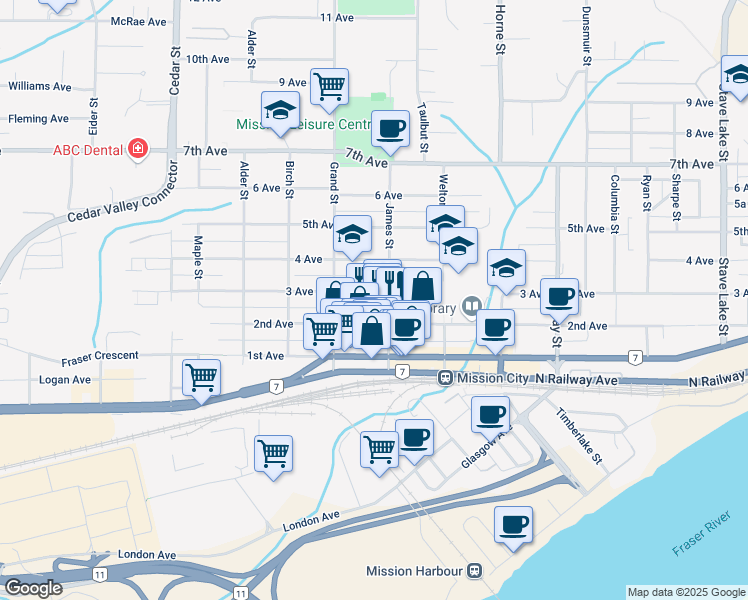 map of restaurants, bars, coffee shops, grocery stores, and more near 33053 2nd Avenue in Mission