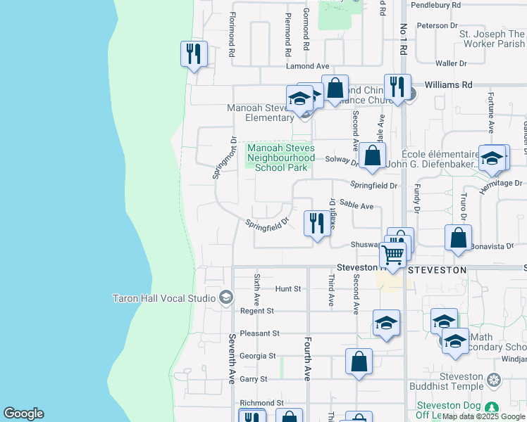 map of restaurants, bars, coffee shops, grocery stores, and more near 3111 Springfield Drive in Richmond