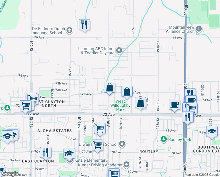 map of restaurants, bars, coffee shops, grocery stores, and more near 7340 196 Street in Langley