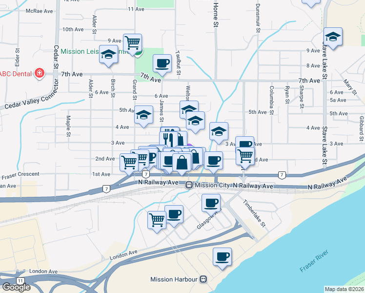 map of restaurants, bars, coffee shops, grocery stores, and more near 33186 3 Avenue in Mission