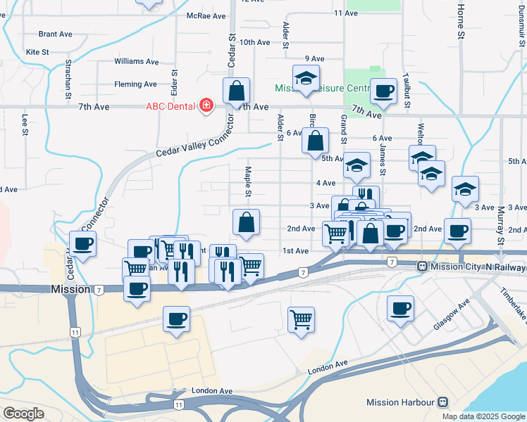map of restaurants, bars, coffee shops, grocery stores, and more near 32866 3 Avenue in Mission