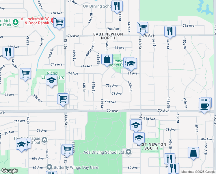 map of restaurants, bars, coffee shops, grocery stores, and more near 7347 146A Street in Surrey