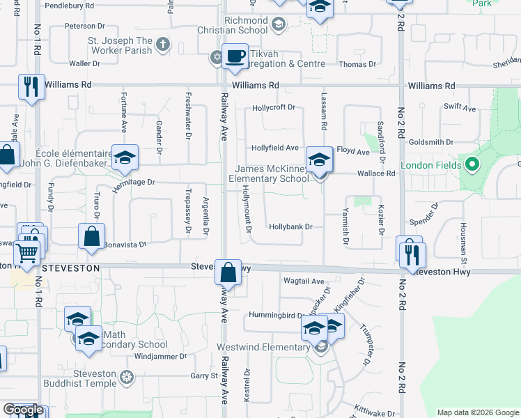 map of restaurants, bars, coffee shops, grocery stores, and more near 10481 Hollybank Drive in Richmond