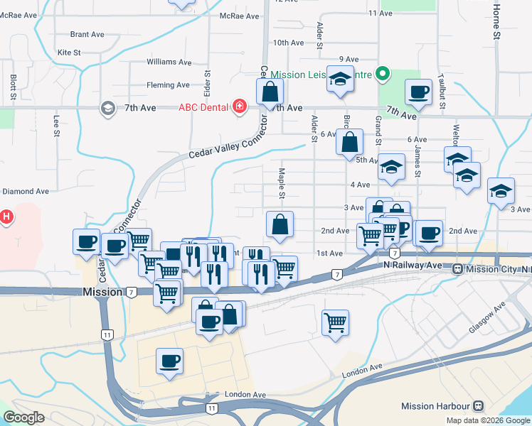 map of restaurants, bars, coffee shops, grocery stores, and more near 32666 3 Avenue in Mission