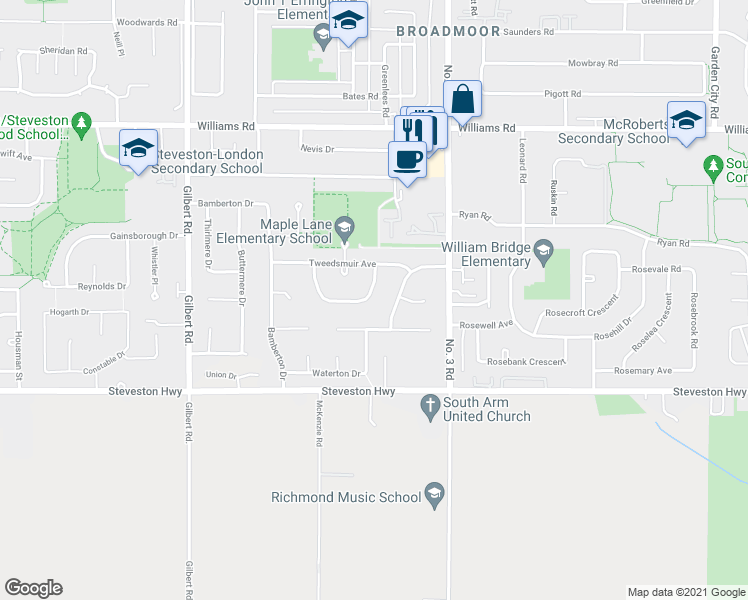 map of restaurants, bars, coffee shops, grocery stores, and more near 7700 Glacier Crescent in Richmond