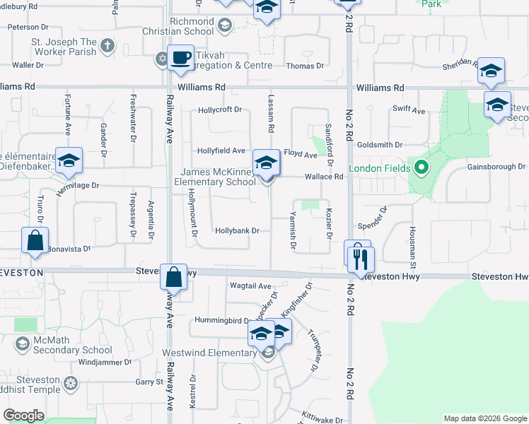 map of restaurants, bars, coffee shops, grocery stores, and more near 10560 Lassam Road in Richmond