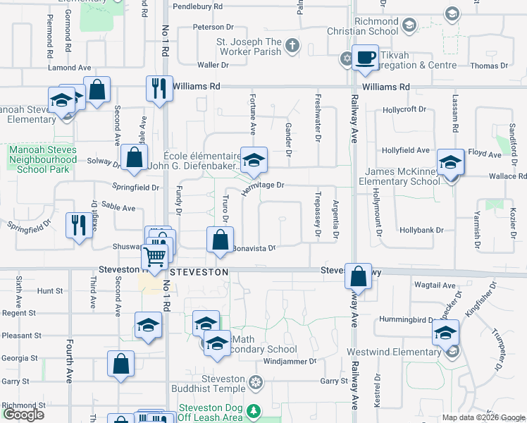 map of restaurants, bars, coffee shops, grocery stores, and more near 10566 Canso Crescent in Richmond