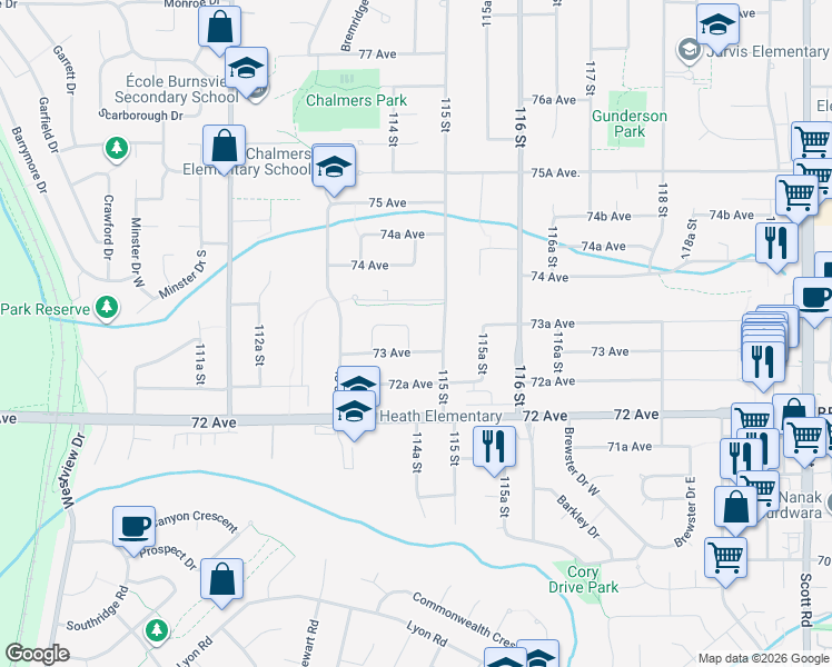 map of restaurants, bars, coffee shops, grocery stores, and more near 11473 Heath Crescent in Delta