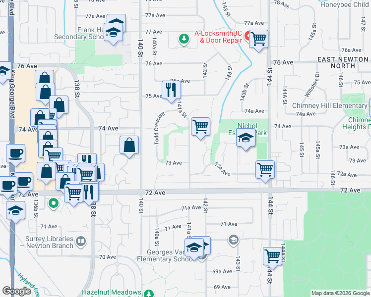 map of restaurants, bars, coffee shops, grocery stores, and more near 7335 141A Street in Surrey