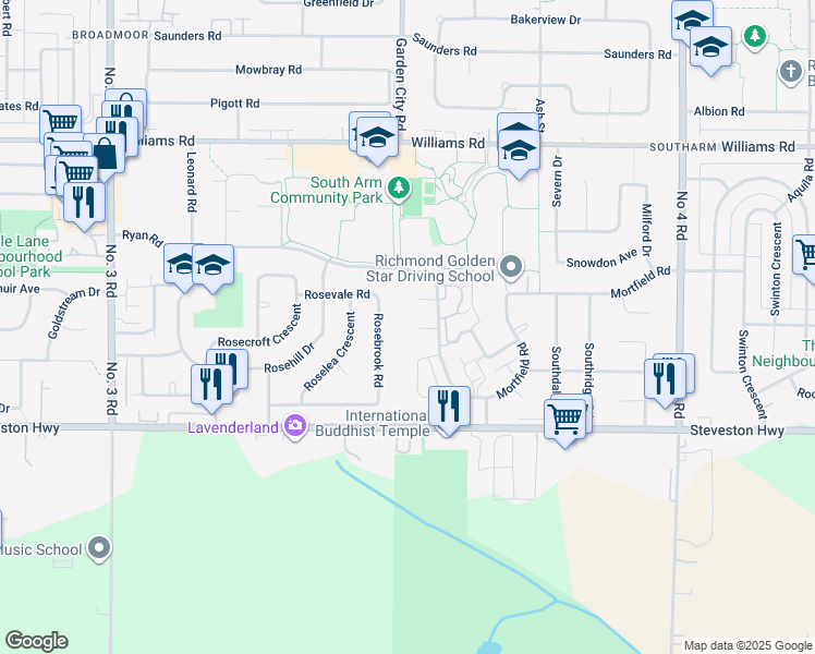 map of restaurants, bars, coffee shops, grocery stores, and more near 9251 Ryan Crescent in Richmond