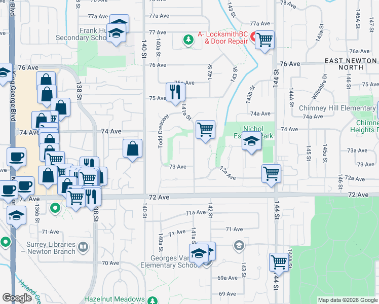 map of restaurants, bars, coffee shops, grocery stores, and more near 7335 141A Street in Surrey