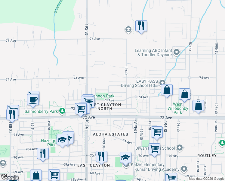 map of restaurants, bars, coffee shops, grocery stores, and more near 19325 73A Avenue in Surrey