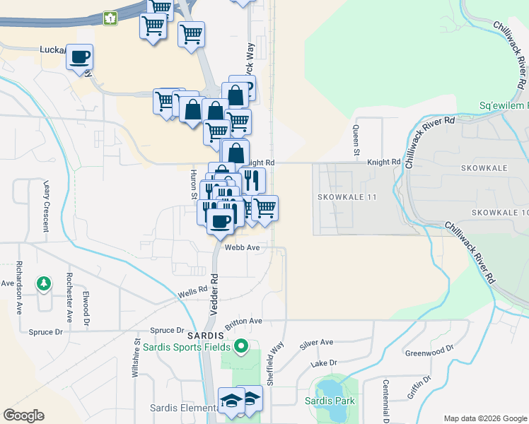 map of restaurants, bars, coffee shops, grocery stores, and more near 45778 Gaetz Street in Chilliwack
