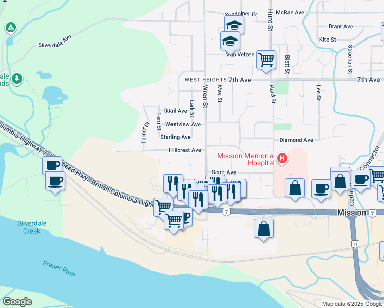 map of restaurants, bars, coffee shops, grocery stores, and more near 31962 Hillcrest Avenue in Mission