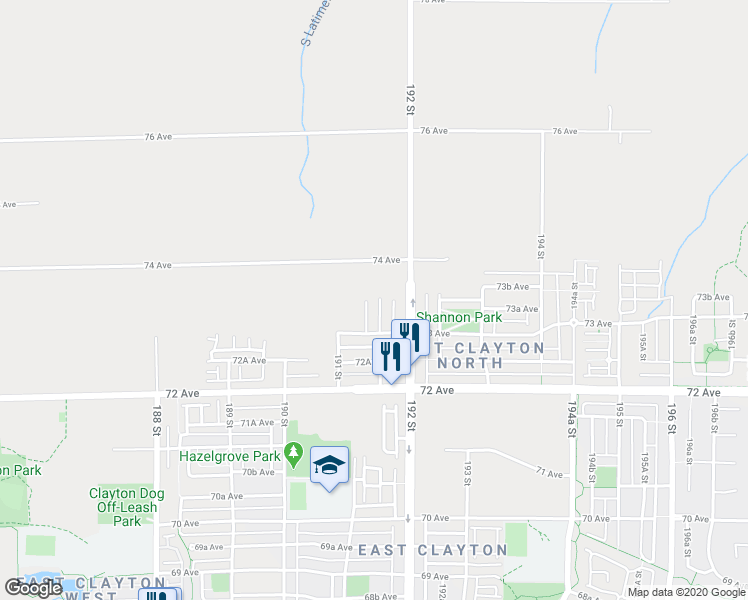map of restaurants, bars, coffee shops, grocery stores, and more near 7339 191B Street in Surrey