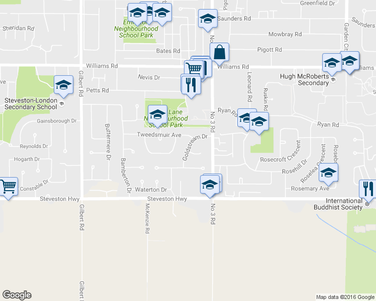 map of restaurants, bars, coffee shops, grocery stores, and more near 7740 Goldstream Drive in Richmond