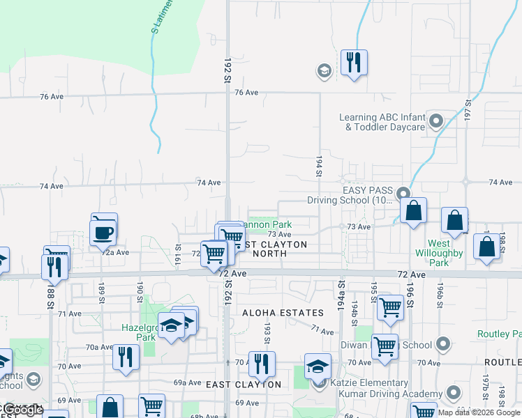 map of restaurants, bars, coffee shops, grocery stores, and more near 7348 192A Street in Surrey